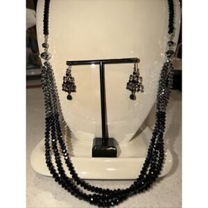 Black And Silver Crystal 32” Necklace And Lia Sofia Chandelier Earrings